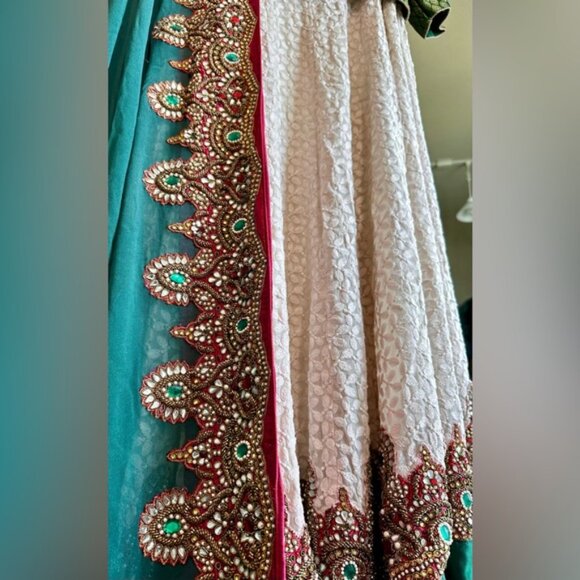 Sabyasachi White Lehanga with Emerald Green Details - Picture 10 of 12